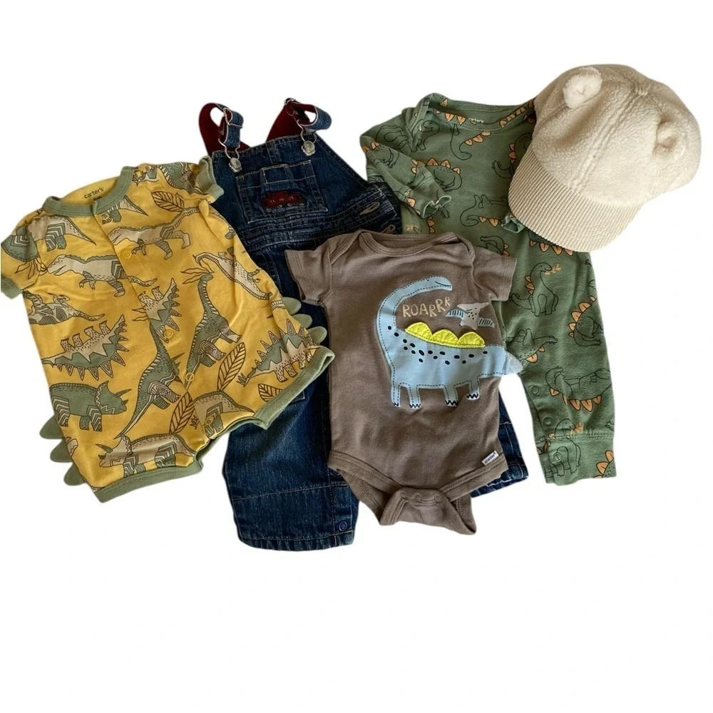 Baby clothes bundle 3 dinosaur onesie 1 gymboree jeans overalls 1 teddy bear hat